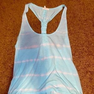Baby blue and white tank top with open back